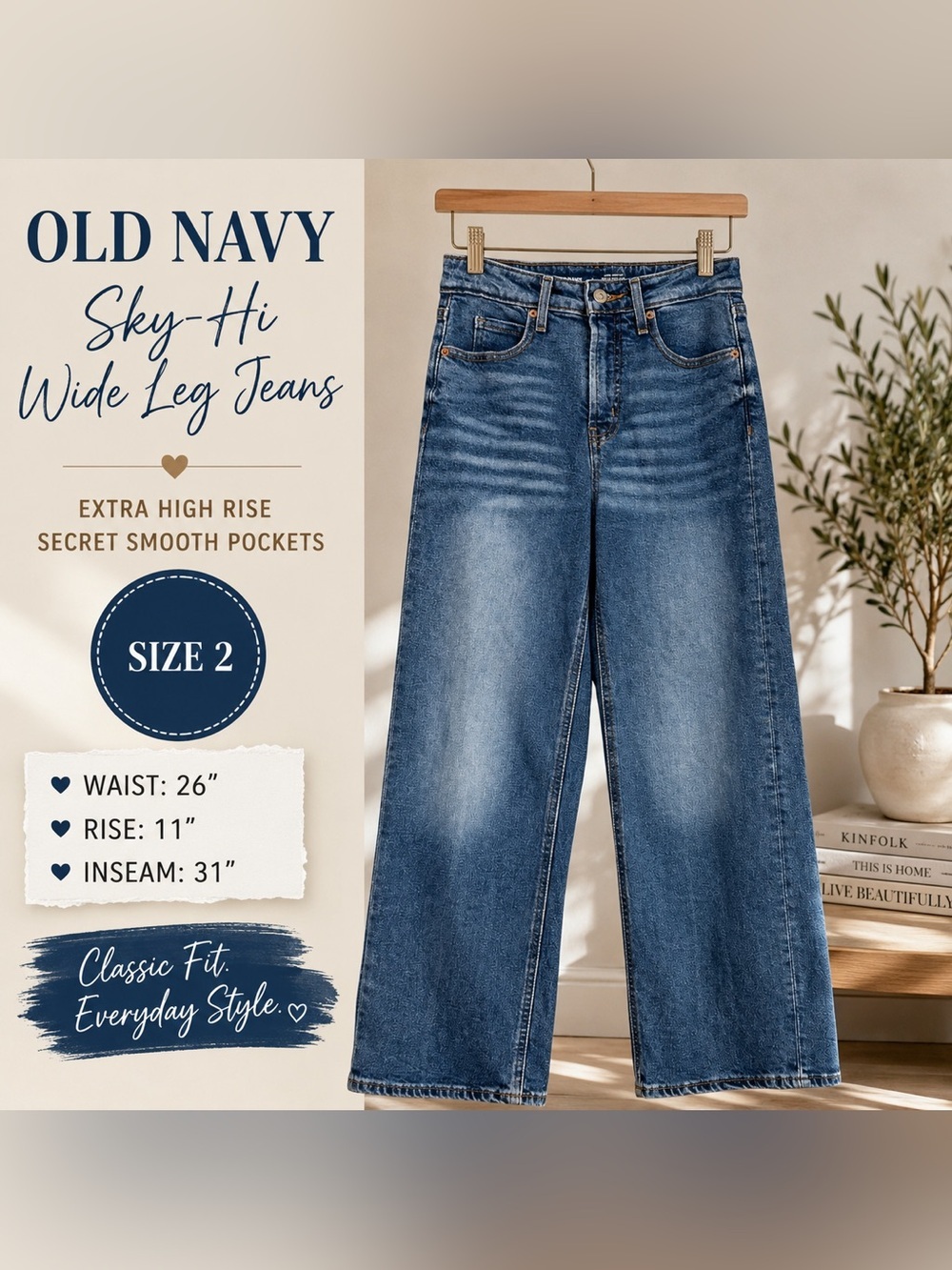 Old Navy Sky-Hi Wide Leg Jeans Size 2 Extra High Rise Secret Smooth Pockets